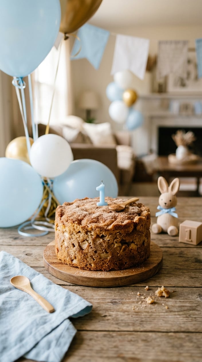 A small apple cinnamon cake with a cinnamon-sugar crust on a wooden table, surrounded by baby boy-themed decorations.