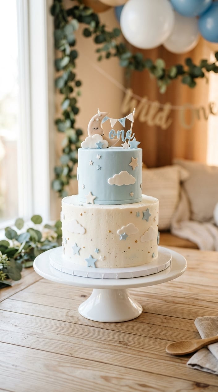 A tiered white and pale blue smash cake on a white stand on a wooden table.