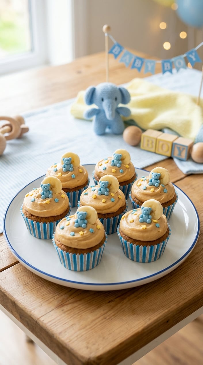 A plate of peanut butter banana smash cupcakes with baby-themed decorations in the background.