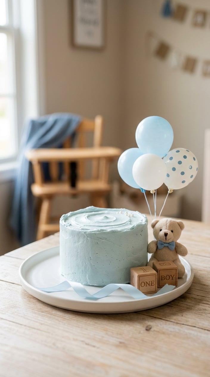 A small pale blue buttercream cake on a white plate surrounded by baby decorations including balloons, ribbons, and toys on a light wooden surface.