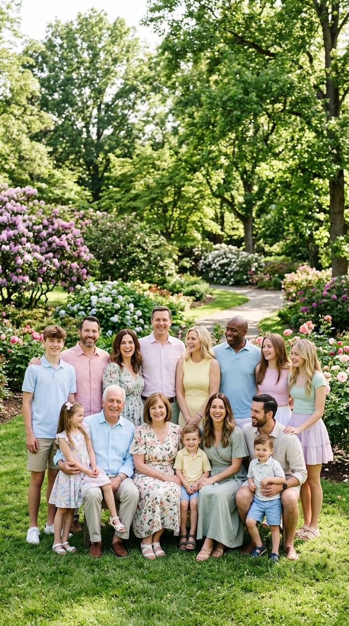 18 Family Picture Outfit Combos for Late Spring / Early Summer 1 A large family of multiple generations smiling together outdoors in a park during late spring or early summer, wearing coordinated light and pastel-colored outfits.