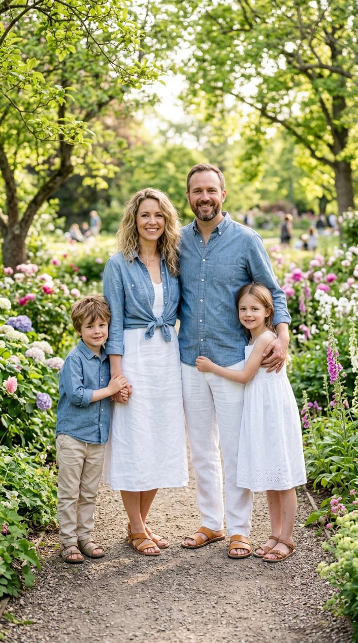 18 Family Picture Outfit Combos for Late Spring / Early Summer 2 A family of four standing together outdoors in spring clothing, smiling and enjoying a sunny day in a green park.