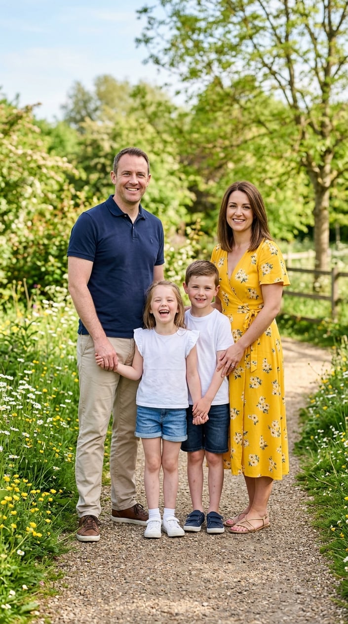 18 Family Picture Outfit Combos for Late Spring / Early Summer 3 A family of four outdoors with dad in a navy polo, mom in a yellow midi dress, and two children in white t-shirts and denim shorts.