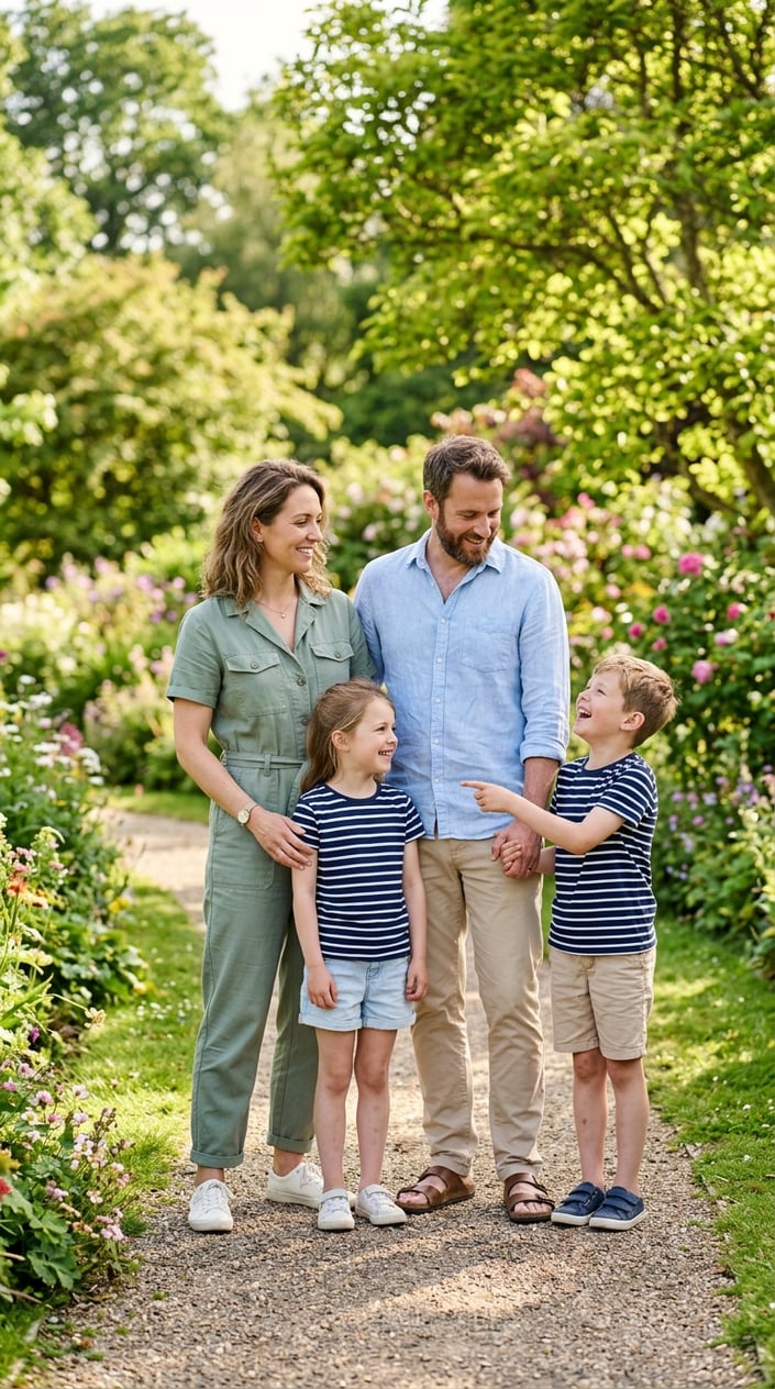 18 Family Picture Outfit Combos for Late Spring / Early Summer 4 A family of four standing outdoors, with the mother in a green jumpsuit, the father in beige pants, and two children in navy striped shirts, smiling together.