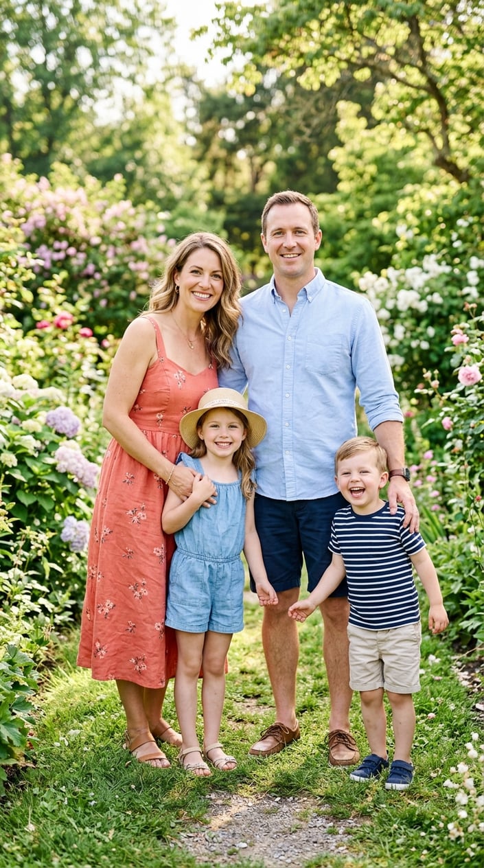 18 Family Picture Outfit Combos for Late Spring / Early Summer 5 A family of four outdoors, with a mother in a coral sundress, a father in a light blue shirt, and two children, one wearing a chambray romper and a straw hat.