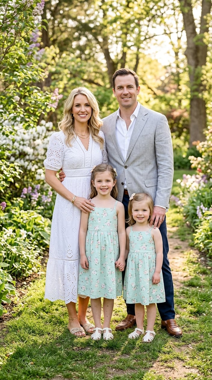18 Family Picture Outfit Combos for Late Spring / Early Summer 6 A family of four outdoors, mother in a white dress, father in a light gray suit, and two girls in pastel mint sundresses.