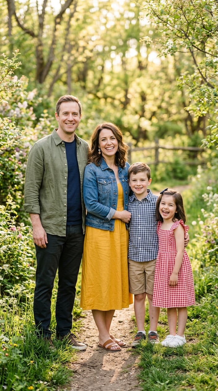 18 Family Picture Outfit Combos for Late Spring / Early Summer 7 A family of four standing outdoors, with the mother in a denim jacket and mustard dress, the father in an olive shirt, and two children in gingham shirts.