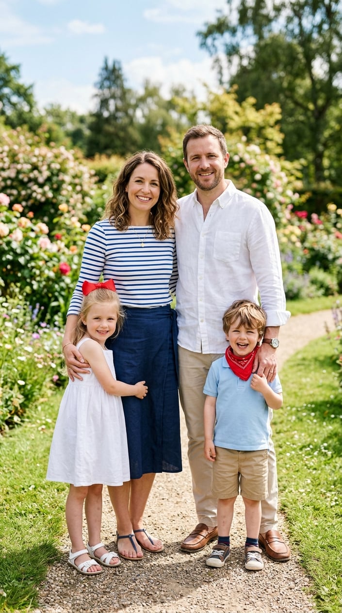 18 Family Picture Outfit Combos for Late Spring / Early Summer 8 A family of four standing outdoors, smiling. The mother wears a navy skirt and striped shirt, the father a white linen shirt, and the children have red accessories.