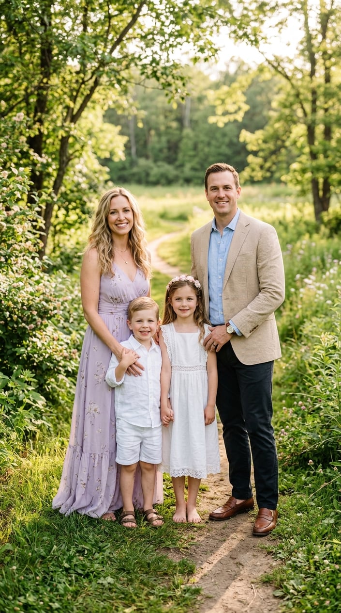 18 Family Picture Outfit Combos for Late Spring / Early Summer 9 A family of four standing outdoors with the mother in a lavender dress, the father in a tan blazer, and two children in white outfits.