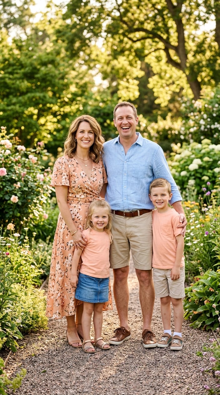 18 Family Picture Outfit Combos for Late Spring / Early Summer 10 A family of four standing outdoors, with the mother in a floral peach dress, the father in khaki shorts, and two children in peach t-shirts.