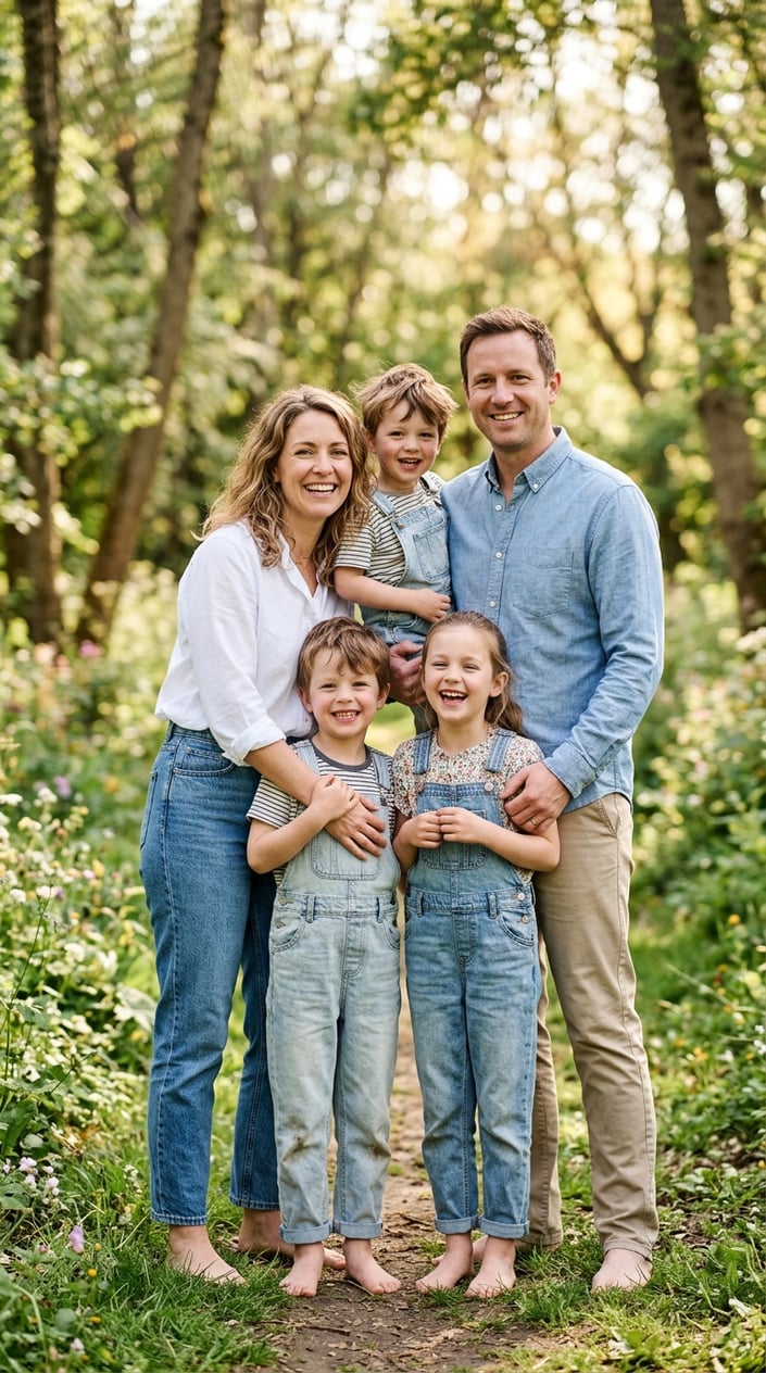 18 Family Picture Outfit Combos for Late Spring / Early Summer 11 A family of four standing outdoors, with the mother in a white blouse and jeans, the father in a blue shirt, and two children in denim overalls.