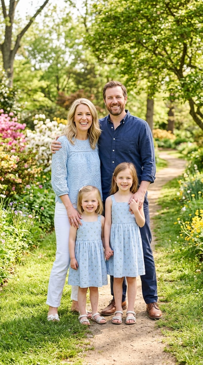 18 Family Picture Outfit Combos for Late Spring / Early Summer 12 A family of four outdoors with mother in pale blue top and white jeans, father in navy chinos, and two girls in pale blue sundresses, all smiling.