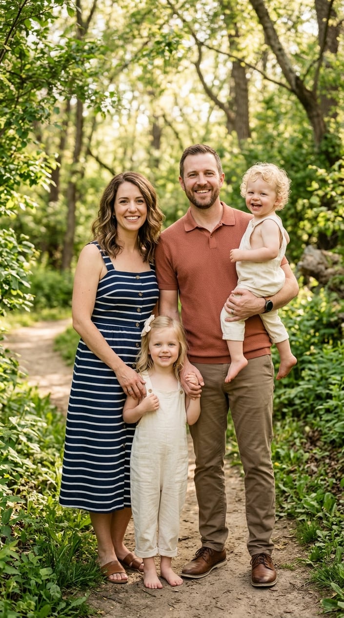 18 Family Picture Outfit Combos for Late Spring / Early Summer 13 A family of four standing together outdoors, with the mother in a striped dress, the father in a terracotta polo, and two children in cream linen rompers.