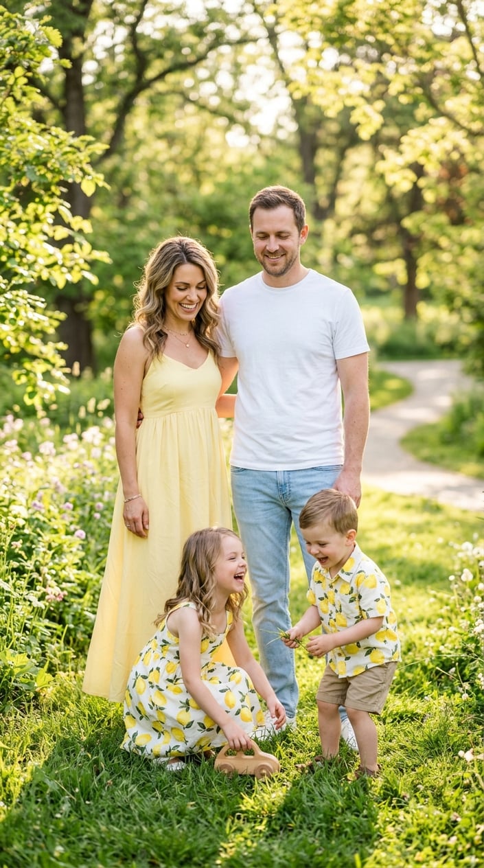 18 Family Picture Outfit Combos for Late Spring / Early Summer 14 A family of four outdoors with a mother in a yellow sundress, father in blue jeans and white t-shirt, and two children in lemon-print outfits.