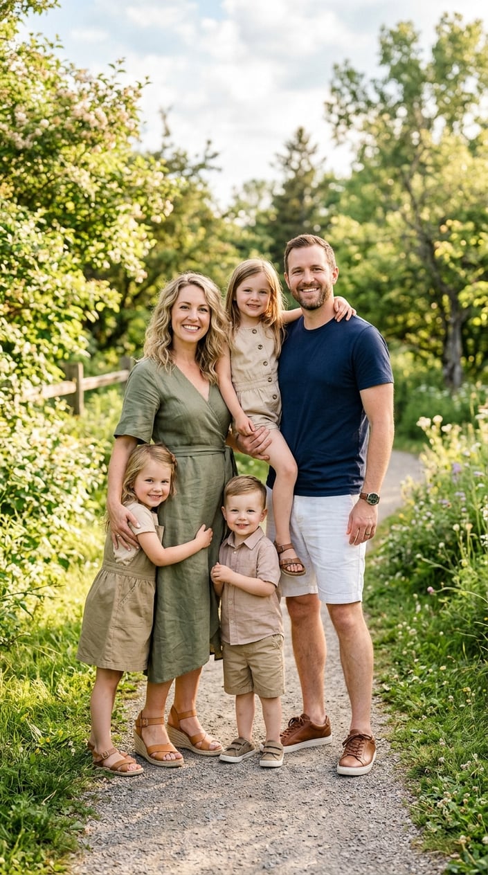 18 Family Picture Outfit Combos for Late Spring / Early Summer 15 A family of four standing outdoors, with the mother in an olive dress, the father in white shorts and a navy shirt, and two children wearing safari-colored clothes.