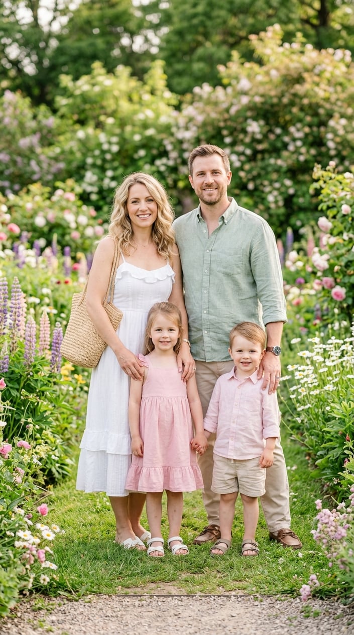 18 Family Picture Outfit Combos for Late Spring / Early Summer 16 A family of four standing outdoors, with the mother in a white sundress and straw bag, the father in a pale green shirt, and two children in soft pink outfits.