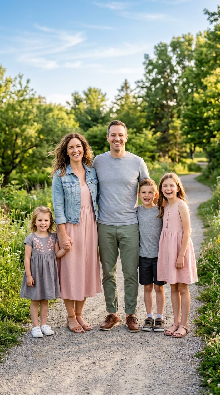 18 Family Picture Outfit Combos for Late Spring / Early Summer 17 A family of four standing together outdoors, with the mother in a blush dress and denim jacket, the father in a gray t-shirt and rolled chinos, and the children dressed in blush and gray.