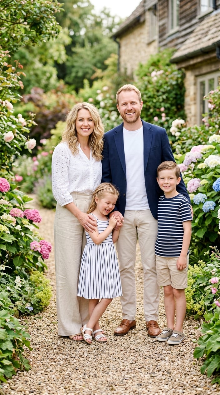 18 Family Picture Outfit Combos for Late Spring / Early Summer 18 A family of four standing outdoors with the mother in a white top and linen pants, the father in a navy blazer and white t-shirt, and the children wearing striped clothes.
