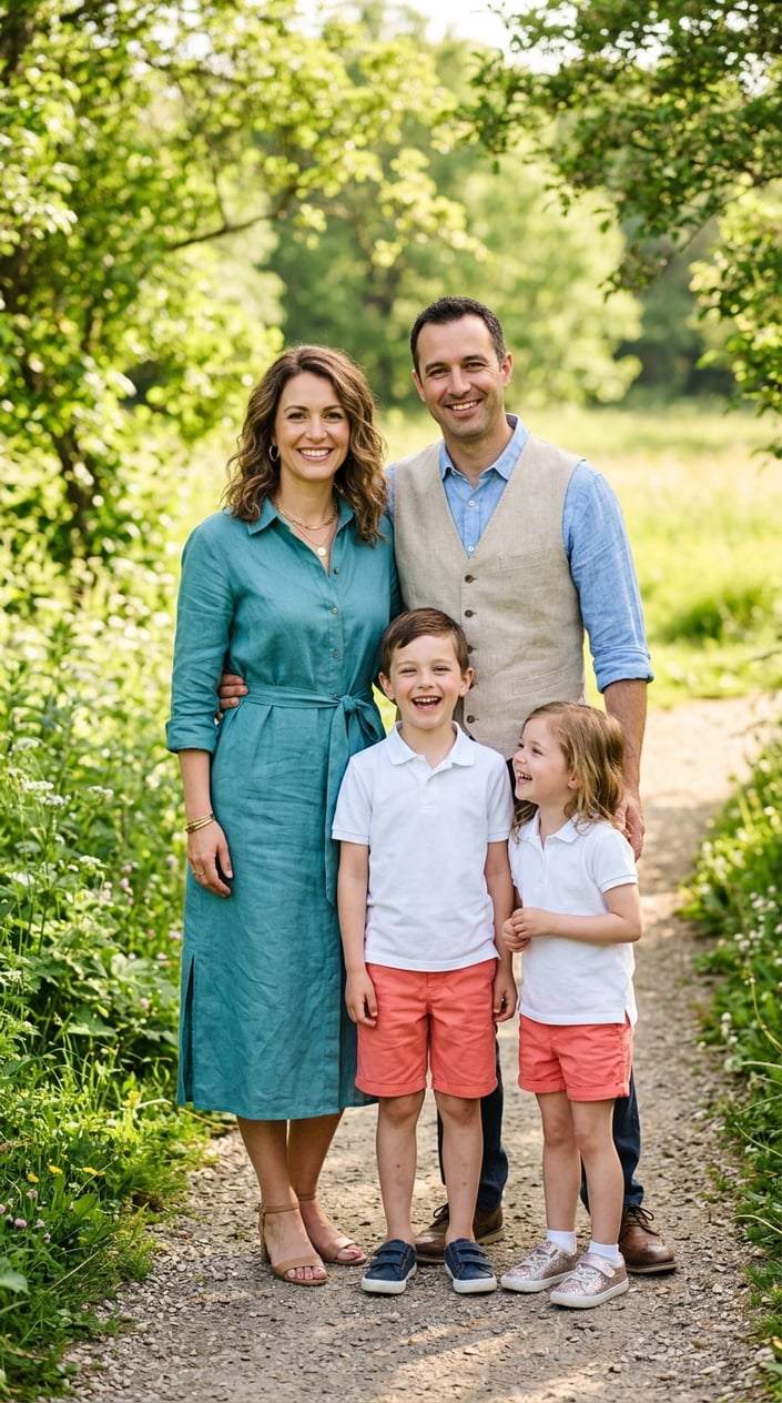 18 Family Picture Outfit Combos for Late Spring / Early Summer 19 A family of four outdoors with mother in teal dress, father in beige vest, and two children in coral shorts and white polo shirts.