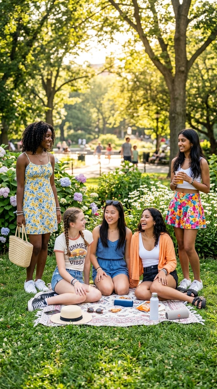 22 Teen Girl Summer Outfits for the Year She Suddenly Cares What She Wears 2 A group of teenage girls outdoors on a sunny day wearing various summer outfits, smiling and enjoying themselves in a park.
