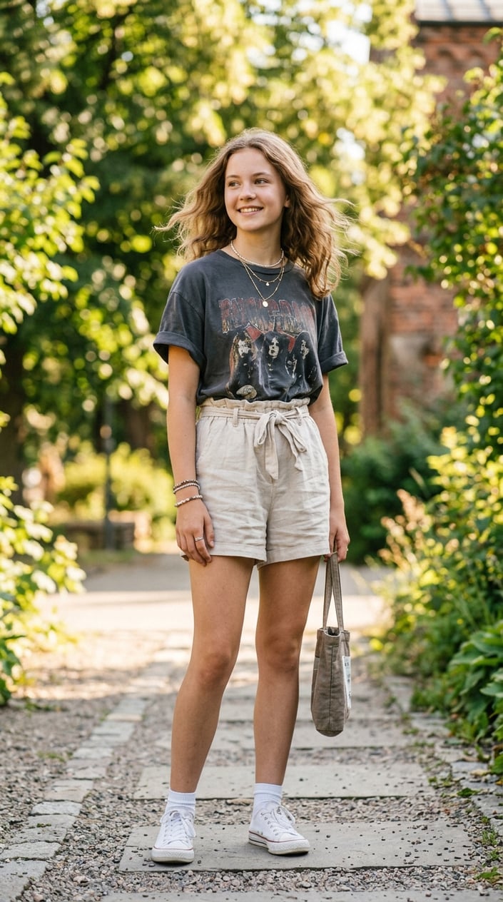 22 Teen Girl Summer Outfits for the Year She Suddenly Cares What She Wears 4 Teenage girl standing outdoors wearing an oversized band t-shirt and high-waist paperbag shorts on a sunny day.