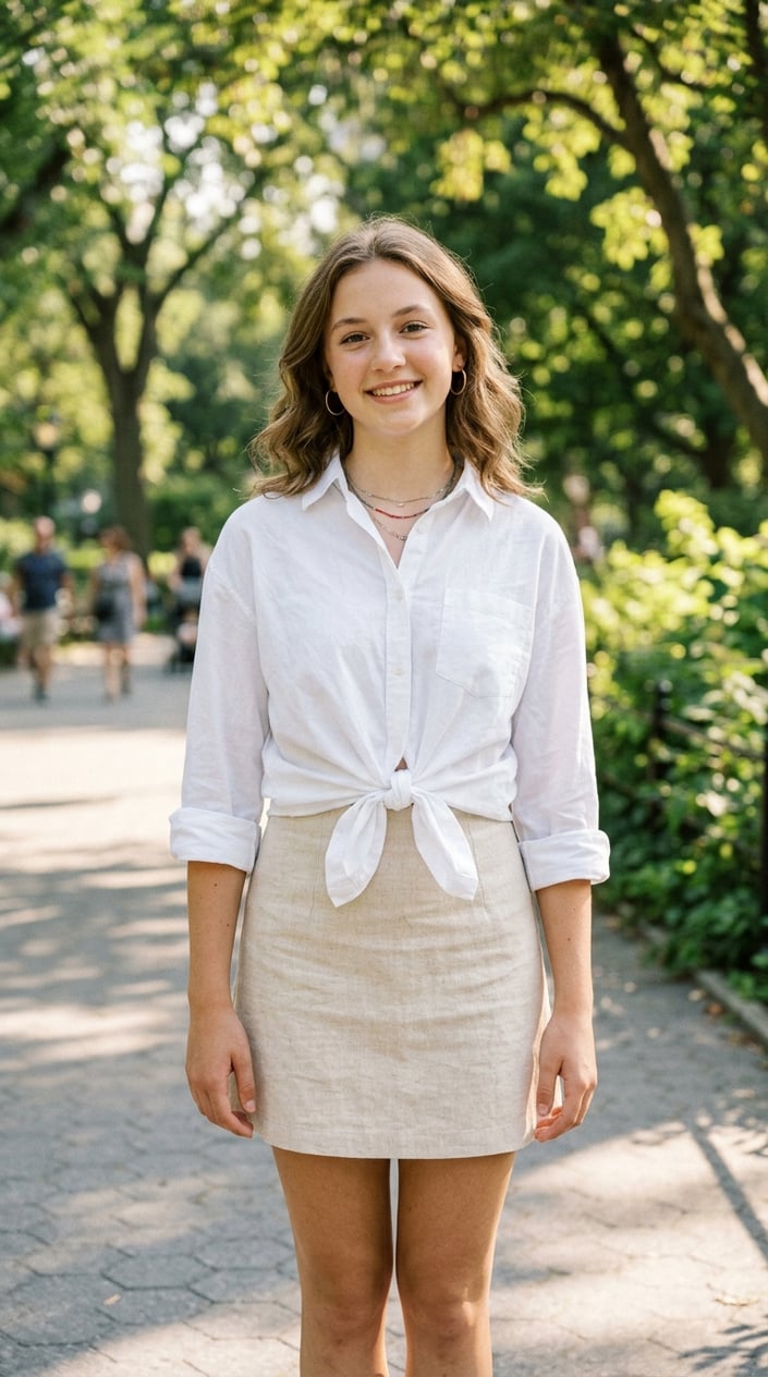 22 Teen Girl Summer Outfits for the Year She Suddenly Cares What She Wears 5 Teenage girl standing outdoors wearing a tied white button-down shirt and A-line mini skirt on a sunny day.
