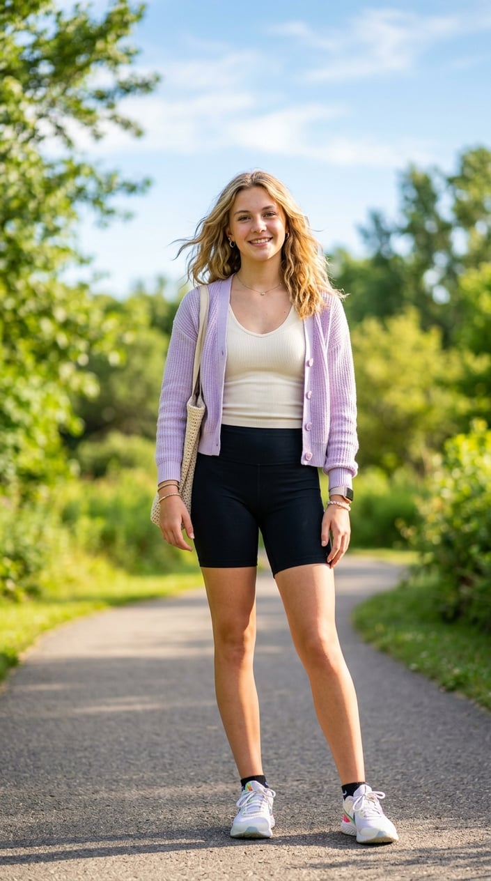 22 Teen Girl Summer Outfits for the Year She Suddenly Cares What She Wears 6 Teenage girl standing outdoors wearing a cardigan, tank top, and bike shorts on a sunny day.