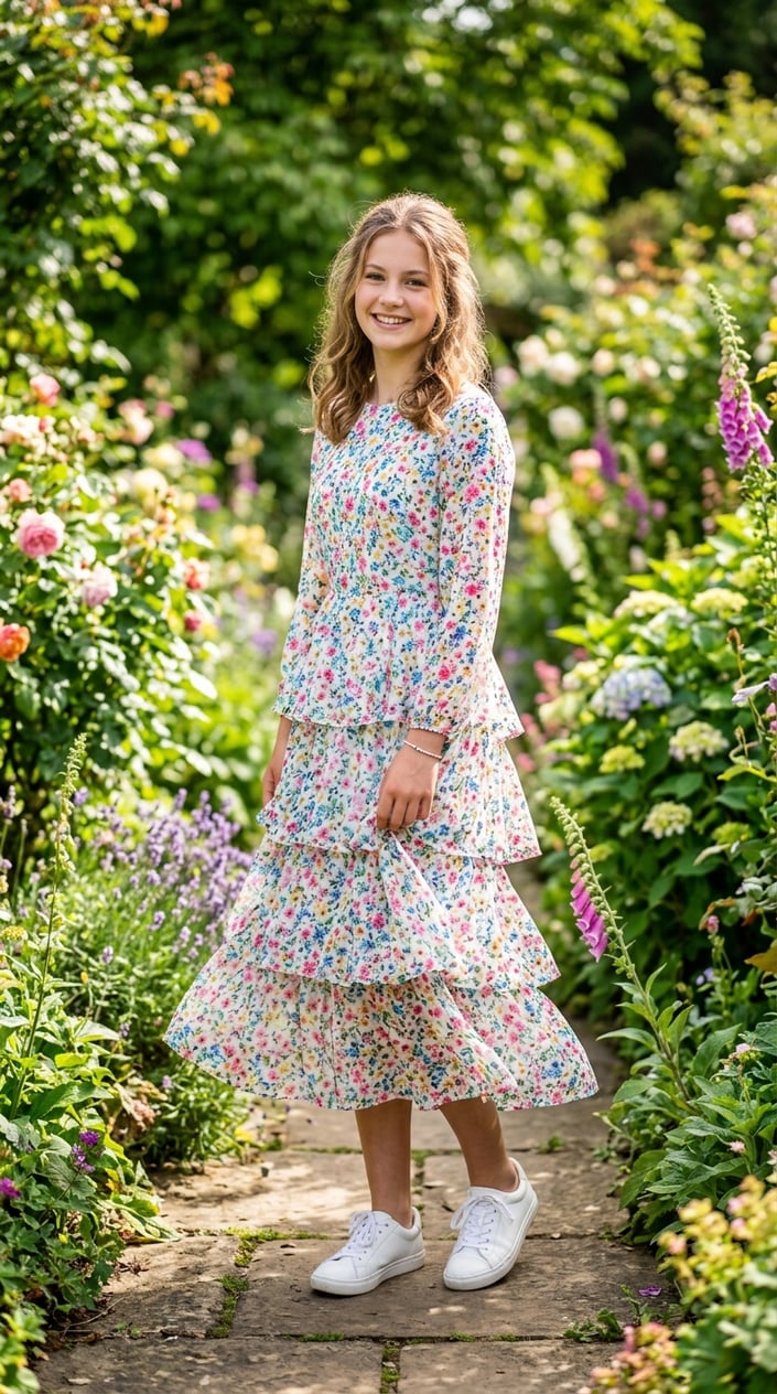 22 Teen Girl Summer Outfits for the Year She Suddenly Cares What She Wears 7 A teenage girl standing outdoors in a garden wearing a layered floral midi dress.