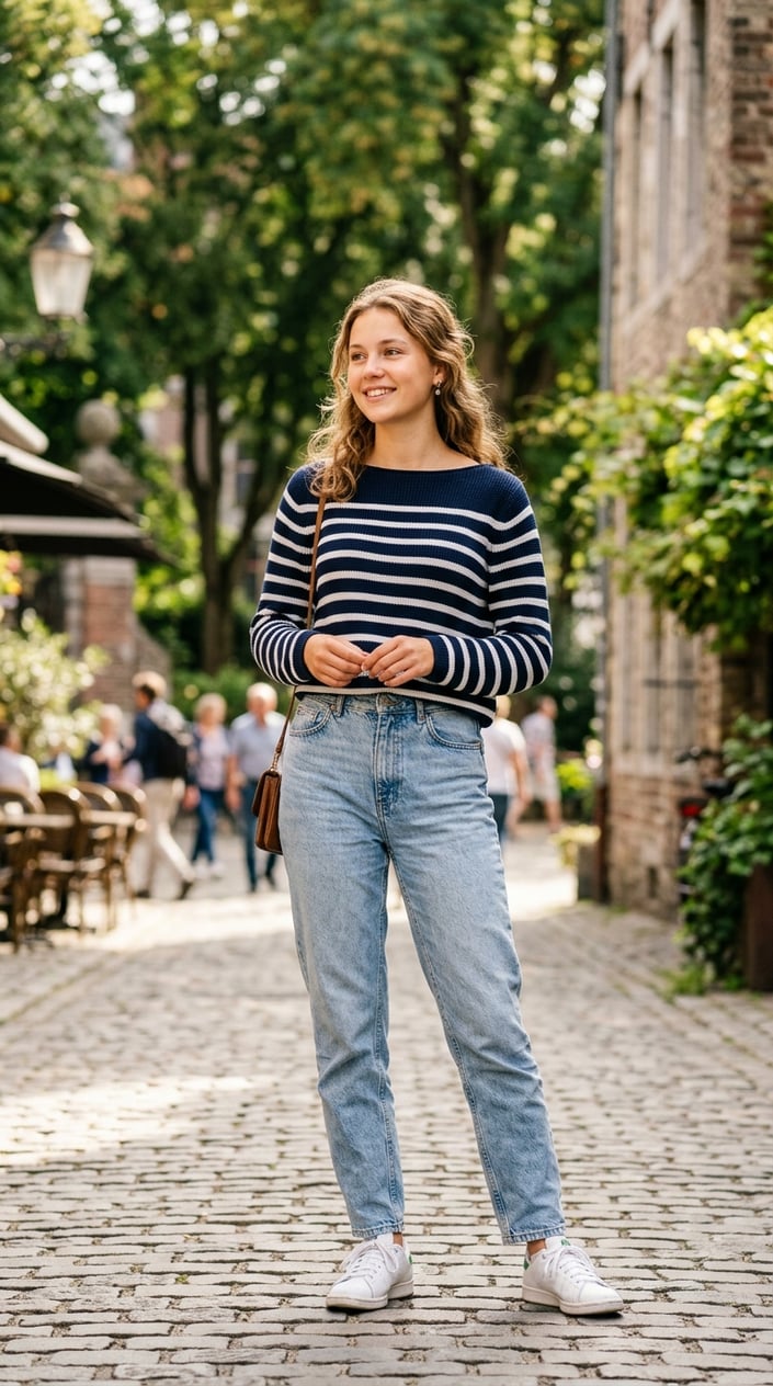 22 Teen Girl Summer Outfits for the Year She Suddenly Cares What She Wears 8 Teenage girl standing outdoors wearing a striped sweater and high-waisted jeans on a sunny day.