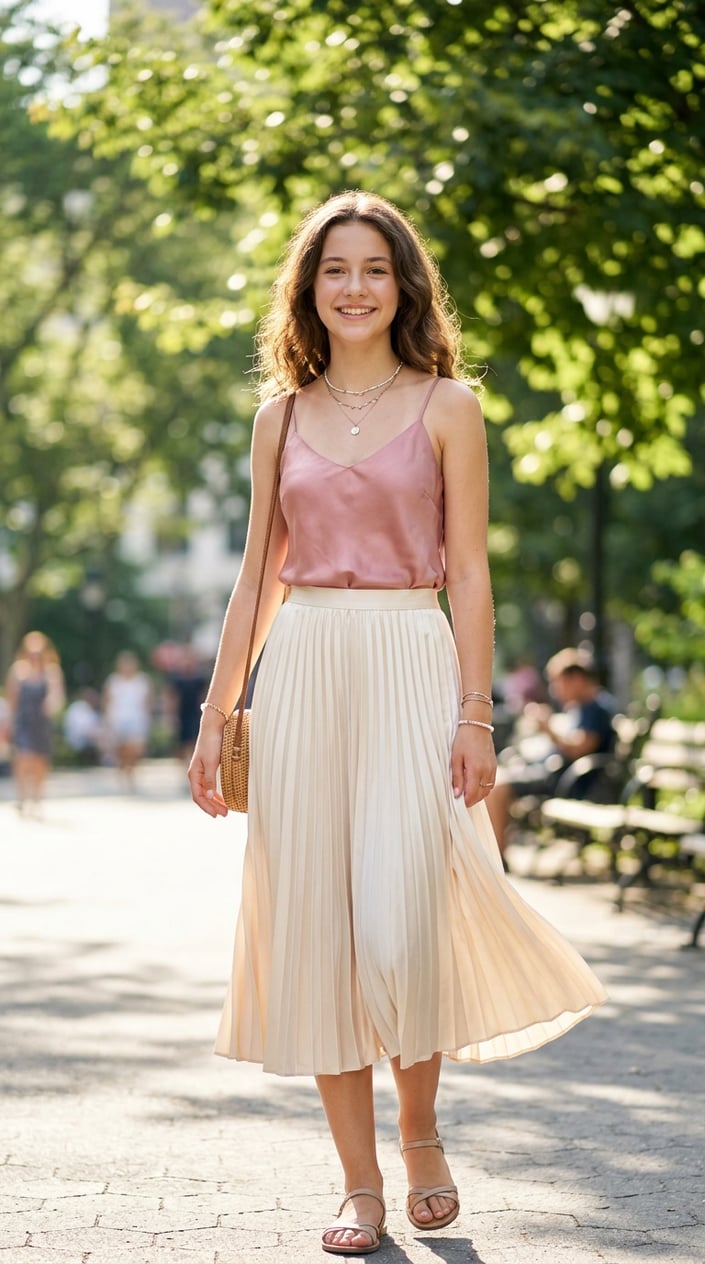 22 Teen Girl Summer Outfits for the Year She Suddenly Cares What She Wears 9 Teenage girl standing outside on a sunny day wearing a silk camisole and pleated skirt.