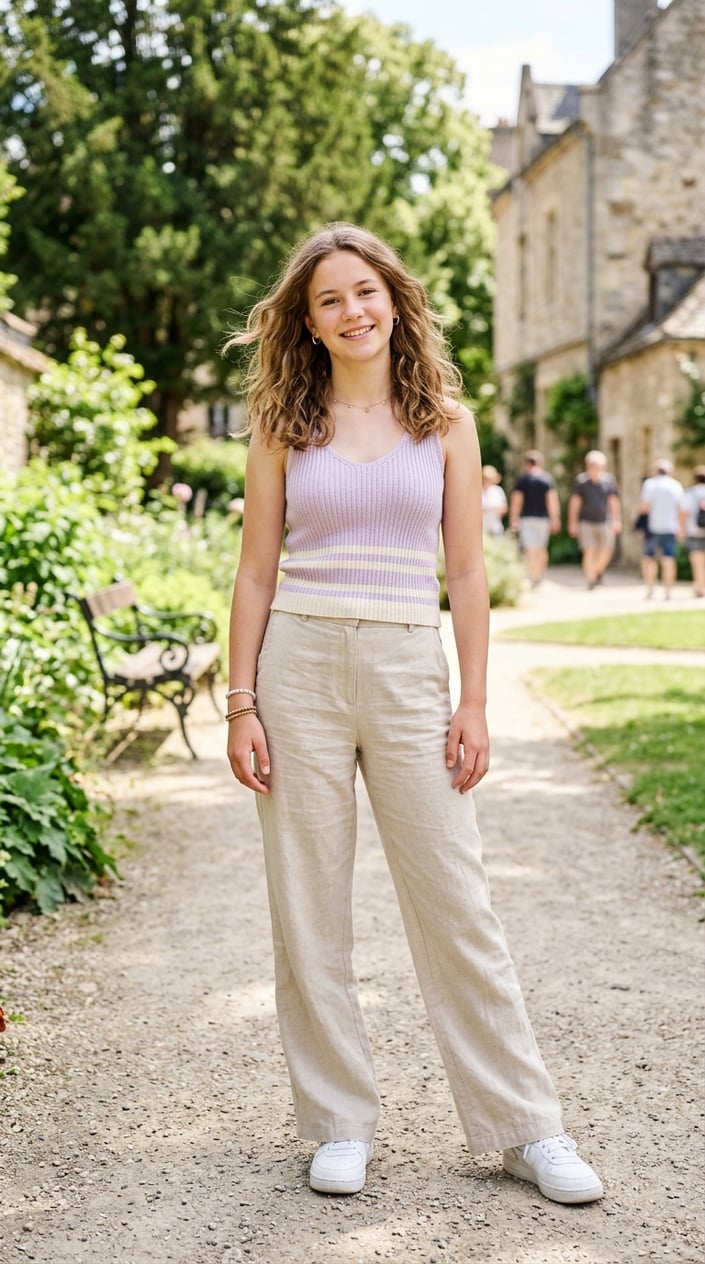 22 Teen Girl Summer Outfits for the Year She Suddenly Cares What She Wears 10 Teenage girl standing outdoors wearing a pastel knit tank top and linen wide-leg pants on a sunny day.