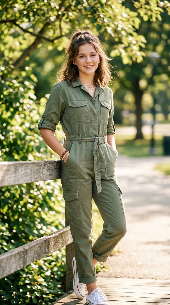 22 Teen Girl Summer Outfits for the Year She Suddenly Cares What She Wears 11 Teenage girl wearing a utility jumpsuit with rolled sleeves standing outdoors on a sunny day.