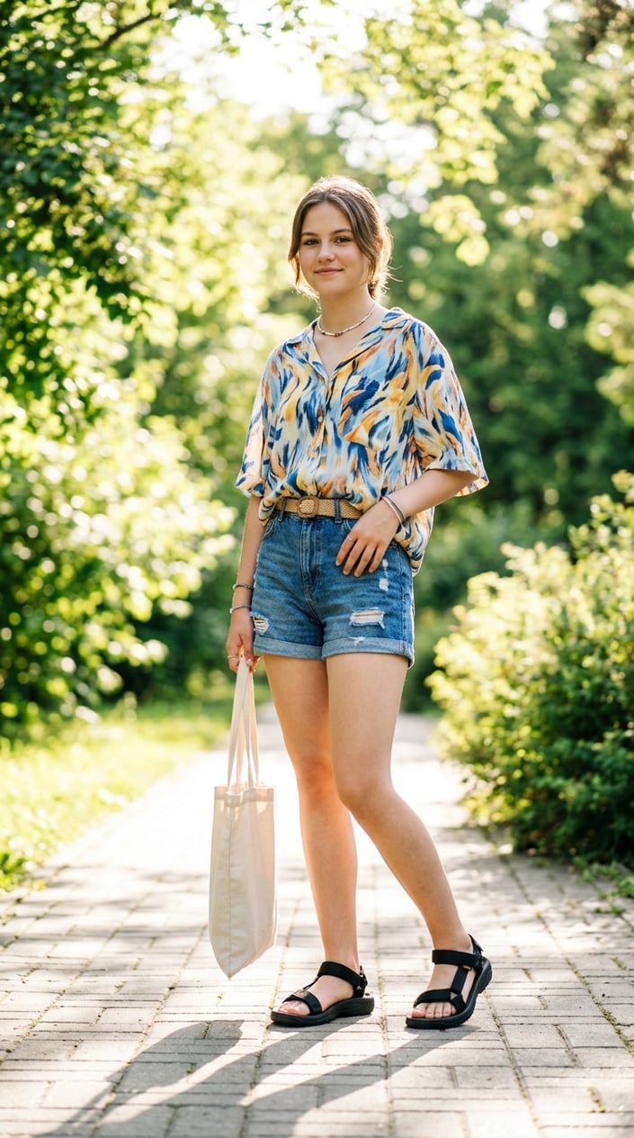 22 Teen Girl Summer Outfits for the Year She Suddenly Cares What She Wears 13 A teenage girl standing outdoors on a sunny day wearing chunky dad sandals, denim shorts, and a colorful top.