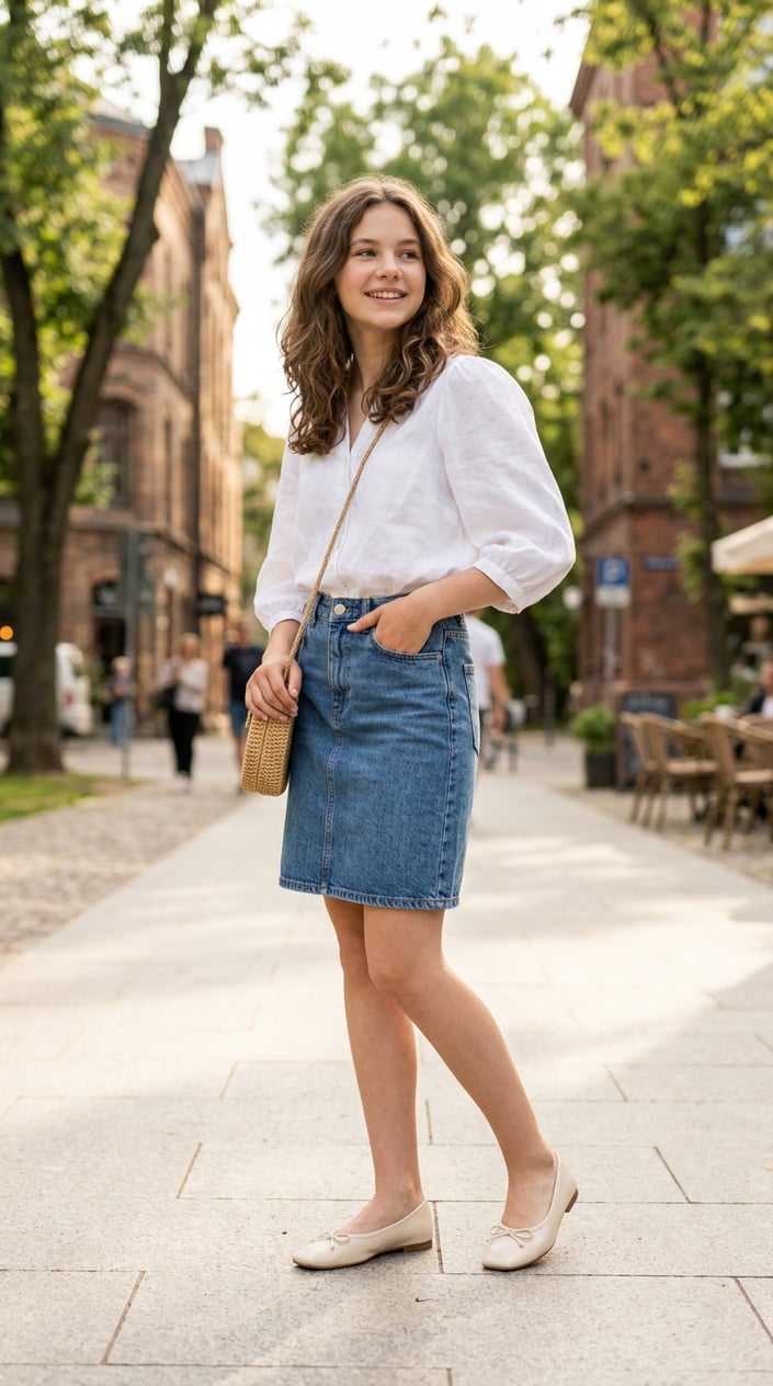 22 Teen Girl Summer Outfits for the Year She Suddenly Cares What She Wears 14 Teenage girl standing outdoors wearing square-toe ballet flats and a summer outfit.