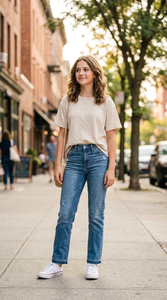 22 Teen Girl Summer Outfits for the Year She Suddenly Cares What She Wears 15 Teenage girl standing outdoors wearing straight ankle jeans and a summer outfit, smiling gently in a city setting.