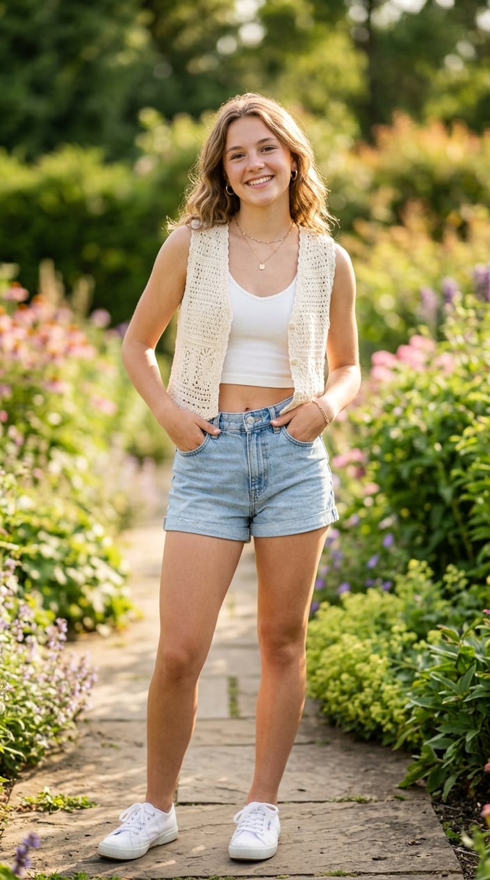 22 Teen Girl Summer Outfits for the Year She Suddenly Cares What She Wears 16 Teenage girl outdoors wearing a crochet vest over a white cotton crop top, smiling and standing in natural light.