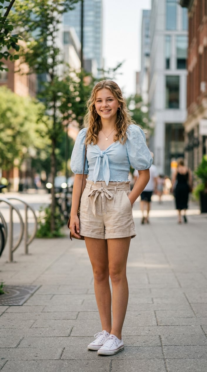 22 Teen Girl Summer Outfits for the Year She Suddenly Cares What She Wears 17 Teenage girl standing outdoors on a sunny day wearing a tie-front blouse with puff sleeves and high-waisted shorts.