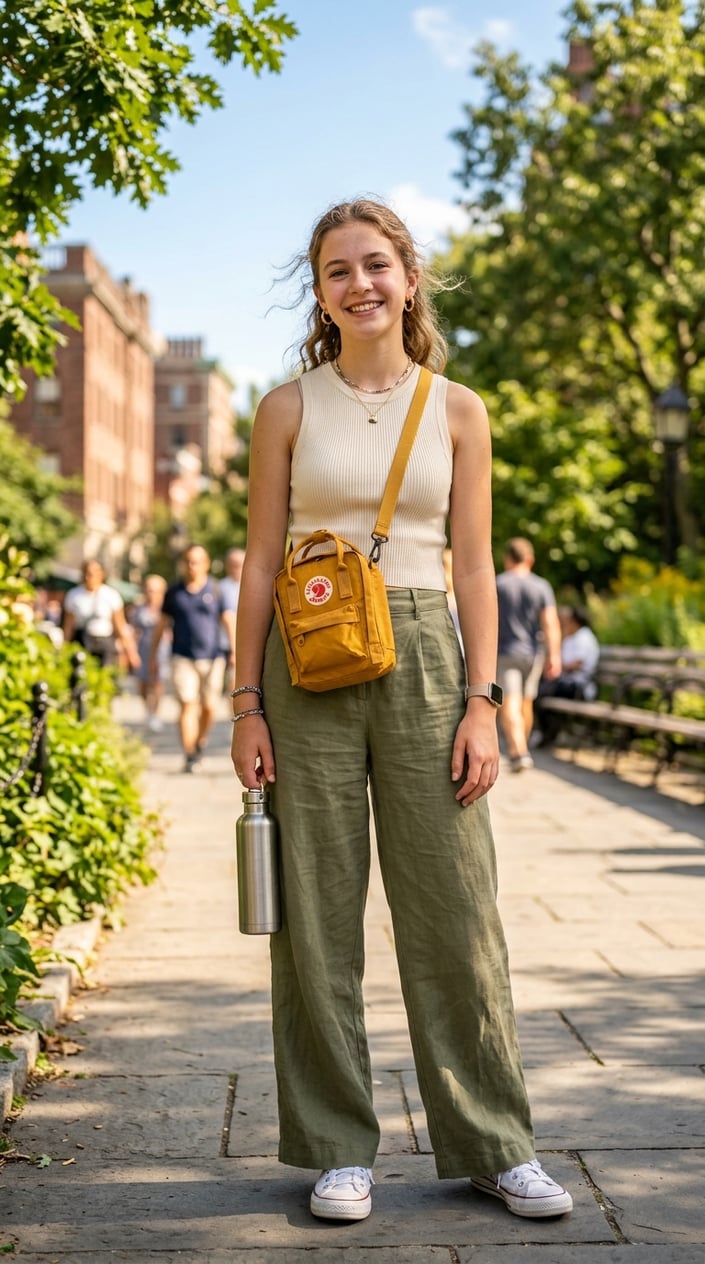 22 Teen Girl Summer Outfits for the Year She Suddenly Cares What She Wears 18 Teenage girl outdoors wearing a summer outfit and carrying a small crossbody bag.