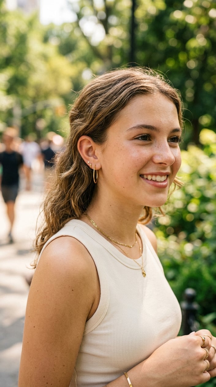 22 Teen Girl Summer Outfits for the Year She Suddenly Cares What She Wears 19 Close-up of a teenage girl wearing thin gold hoop earrings outdoors on a sunny summer day.