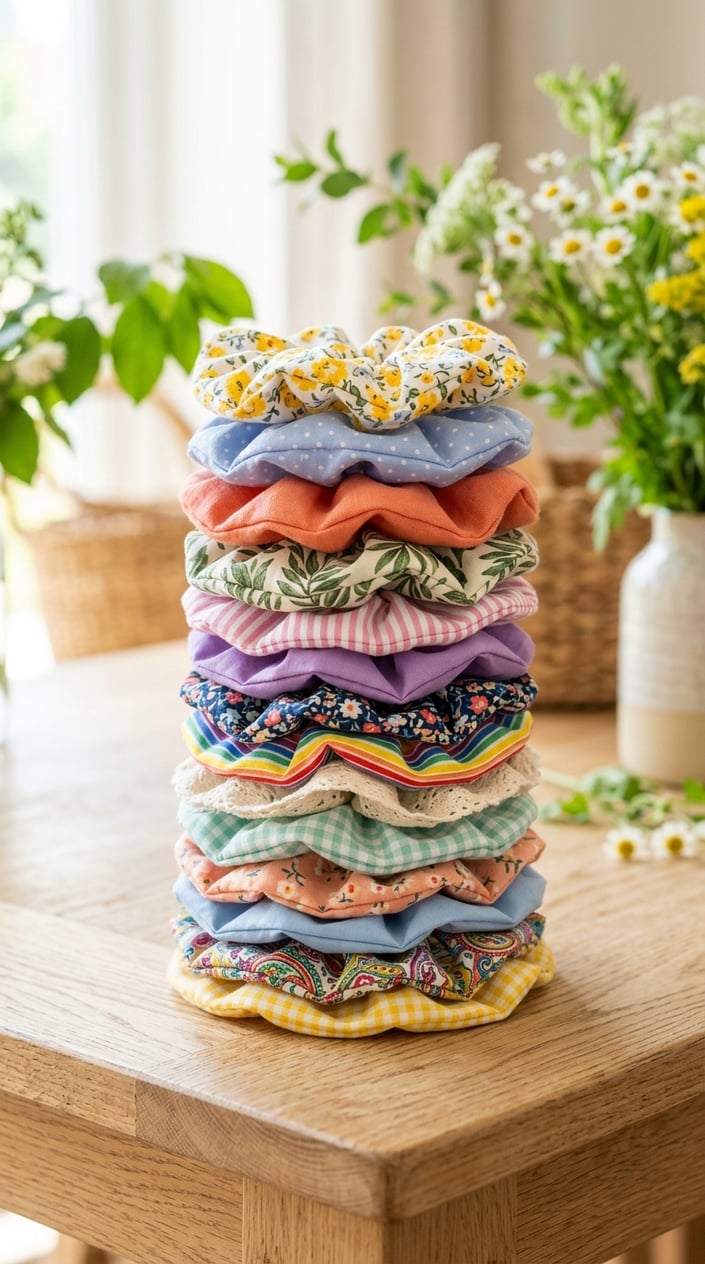 22 Teen Girl Summer Outfits for the Year She Suddenly Cares What She Wears 20 A stack of colorful cotton scrunchies arranged on a light wooden surface with soft natural light and a blurred background with green leaves.