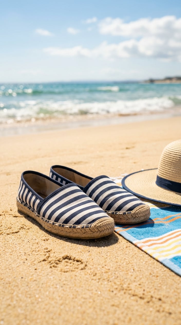 22 Teen Girl Summer Outfits for the Year She Suddenly Cares What She Wears 24 Striped espadrille flats resting on sandy beach with ocean waves in the background.