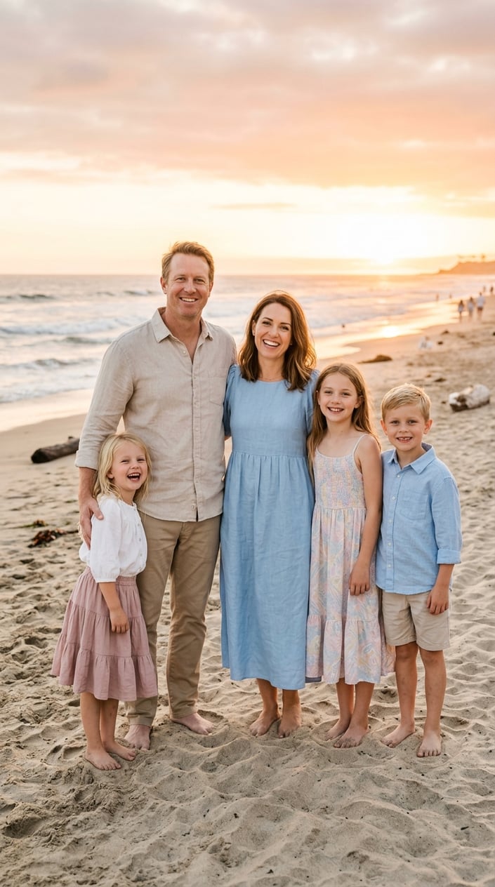 A family of five standing together on a beach with ocean waves in the background, all wearing coordinated neutral-colored outfits in shades of white, beige, and soft blue.