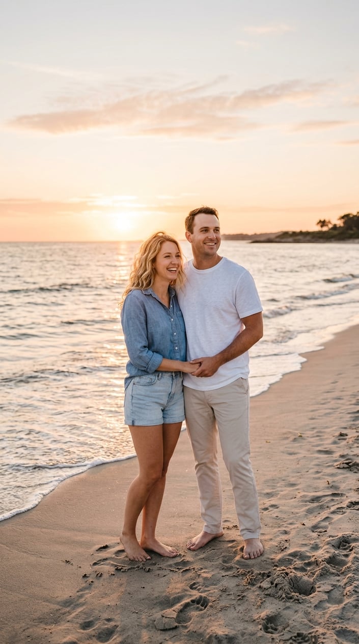 A woman in a soft blue chambray button-down shirt and a man in a white linen tee standing together on a beach near gentle ocean waves, both smiling.