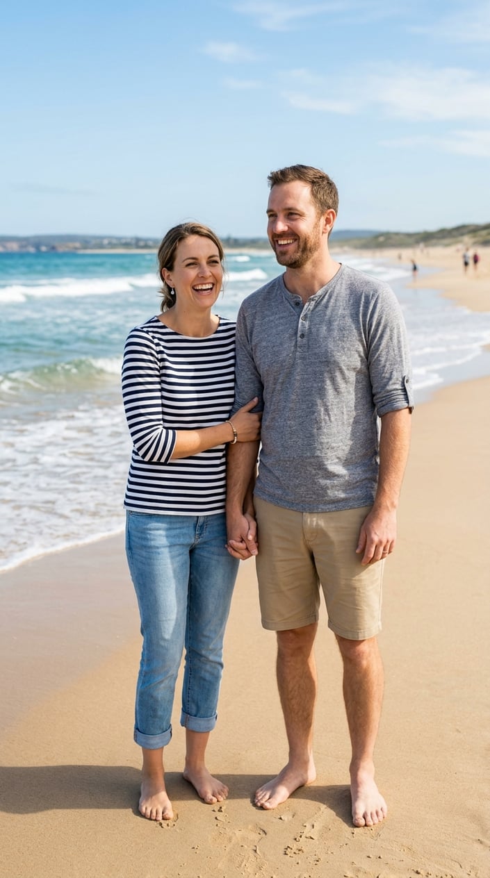 A couple standing together on a sandy beach near the ocean, the woman in a navy and white striped Breton top and the man in a soft gray henley, both smiling.