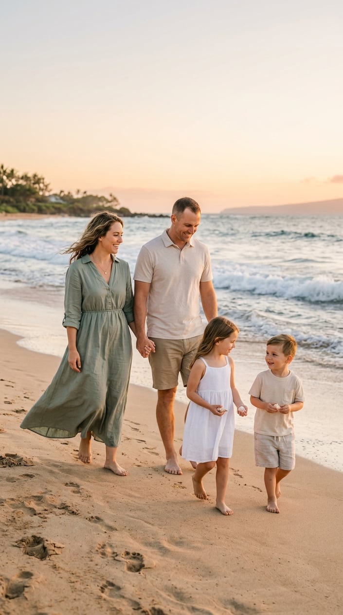 A couple on a sandy beach, the woman in a loose muted sage green linen dress and the man in khaki shorts and a light polo shirt, smiling and looking at each other.