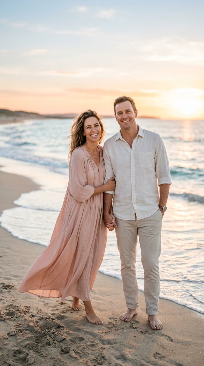 A couple standing together on a sandy beach near the ocean, the woman in a long soft blush pink maxi dress and the man in an off-white linen shirt, both smiling and relaxed.