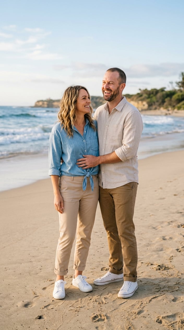 A couple standing on a sandy beach with blue sky and small waves behind them, the woman in a soft blue chambray tie-front top and the man in tan chinos and white sneakers, both smiling.