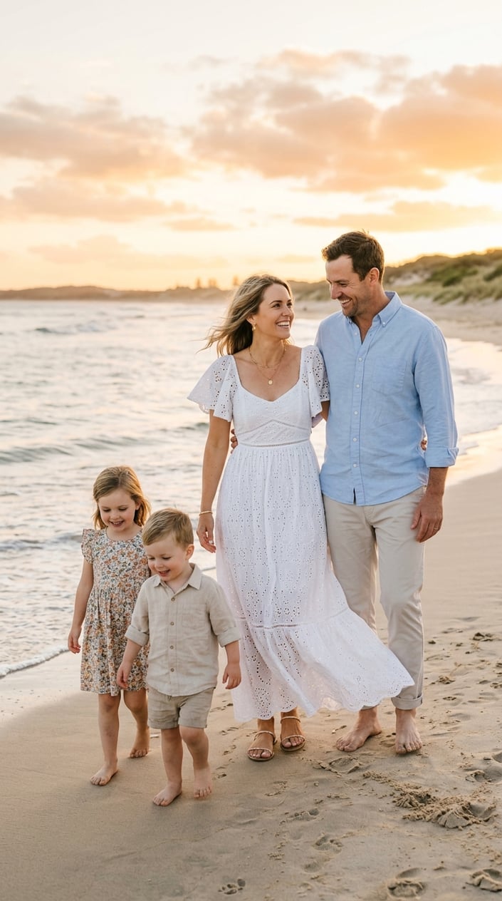 A mother in a white cotton eyelet sundress and a father in a pale blue oxford shirt standing together on a sandy beach with calm ocean waves and clear sky behind them.