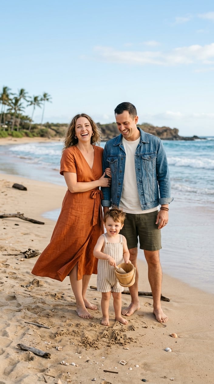 A couple standing on a sandy beach with gentle waves and clear sky, the woman in a rust-orange midi wrap dress and the man in an ivory tee and light denim jacket.