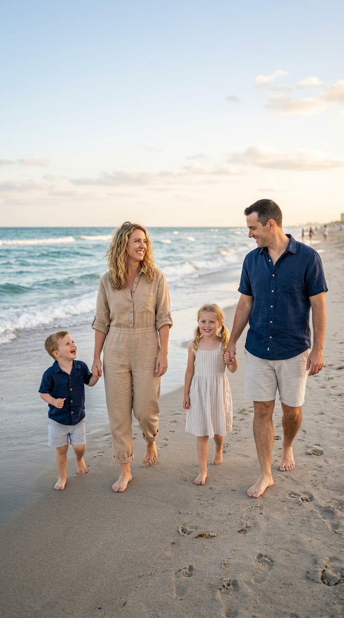 A mother in a wide-leg sandy-beige linen jumpsuit and a father in a navy short-sleeve linen shirt standing together on a sandy beach near the water.